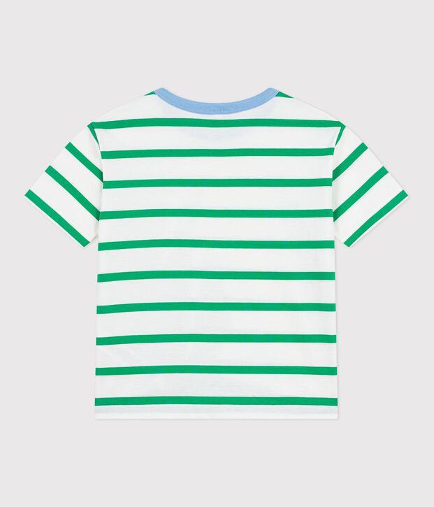 Children's short-sleeved stripy cotton T-shirt white/green