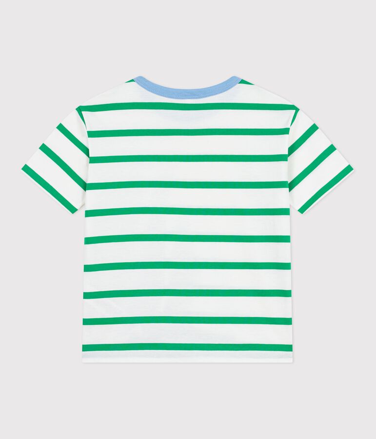Children's short-sleeved stripy cotton T-shirt white/green