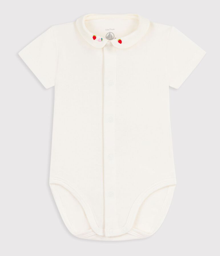 Babies' short-sleeved cotton body with embroidered details Ecru/pink