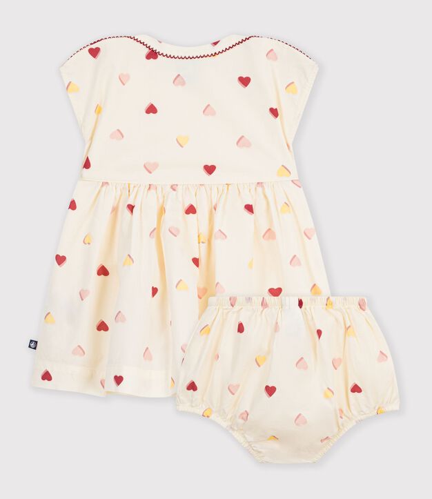 Babies' short-sleeved cotton dress printed with hearts. Ecru/multicolor