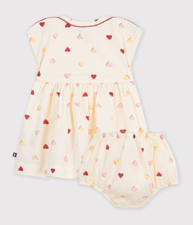 Babies' short-sleeved cotton dress printed with hearts. Ecru/multicolor