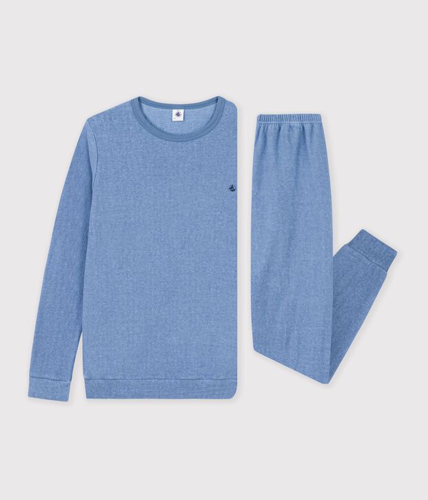 Children's plain cotton terry pyjamas blue