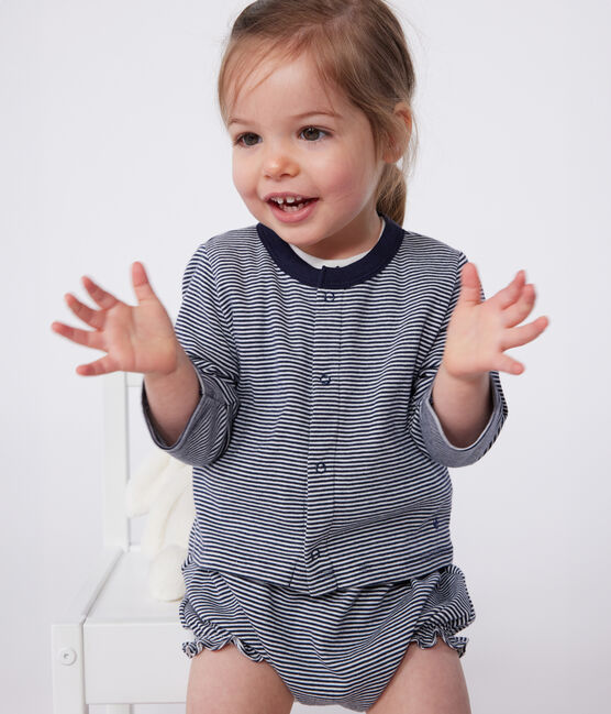 Babies' Stripy Tube Knit Cardigan SMOKING blue/MARSHMALLOW white