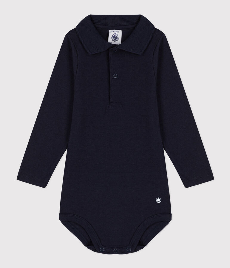 Babies' plain cotton body with a polo collar blue/blue