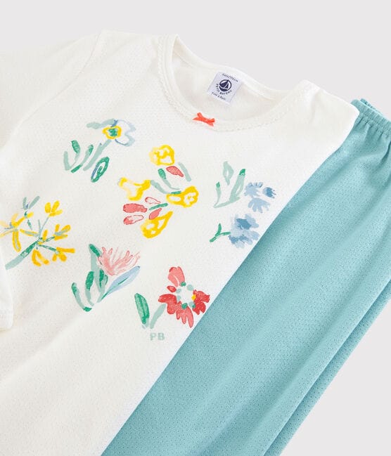 Girls' Springtime Floral Cotton Pyjamas TIKI blue/MARSHMALLOW white