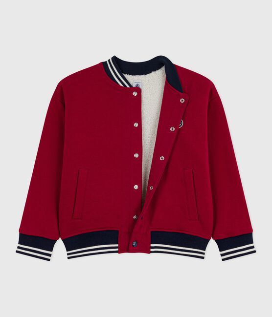 Children's varsity-style jacket in plain cotton and sherpa AMARANTE
