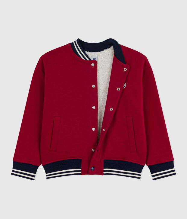 Children's varsity-style jacket in plain cotton and sherpa red