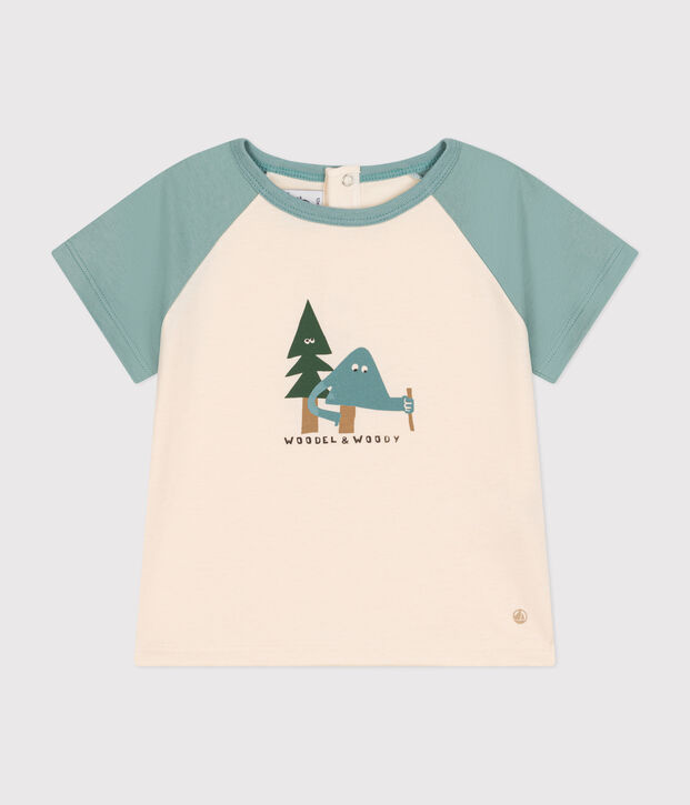 Babies' short-sleeved fine jersey T-shirt Ecru/green