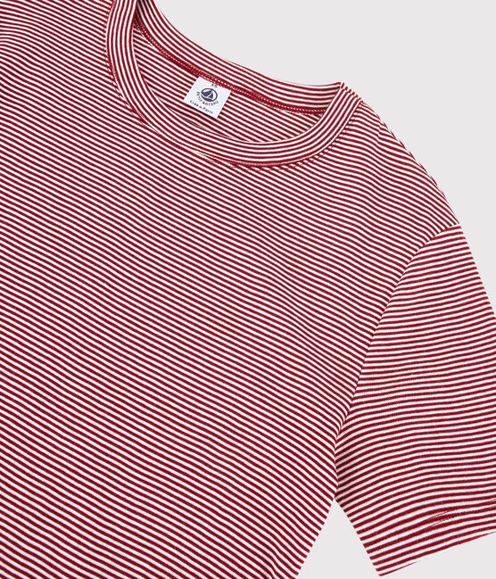 Women's Iconic Round-Neck Striped Cotton T-Shirt SANGRIA red/MARSHMALLOW