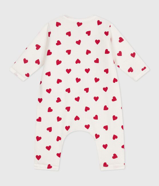Babies' padded heart-print cotton playsuit. MARSHMALLOW white/TERKUIT red
