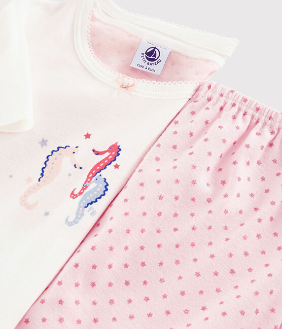 Girls' Seahorse Pattern Cotton Short Pyjamas MARSHMALLOW white/GRETEL pink