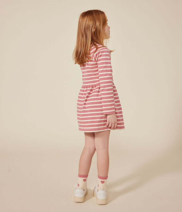 Girls' long-sleeved thick cotton dress pink/ecru