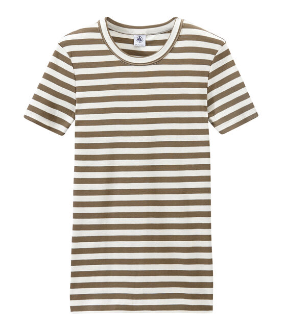 Women's T-shirt in heritage striped rib SHITAKE brown/MARSHMALLOW white