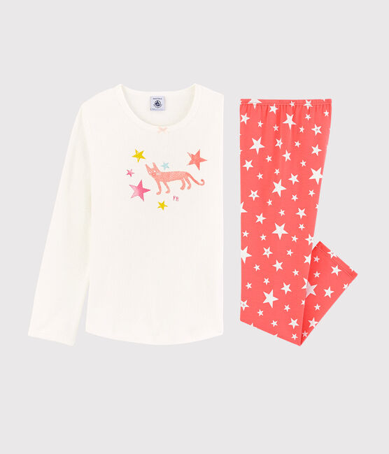 Girls' Starry Cotton Pyjamas MARSHMALLOW white/PEACHY pink