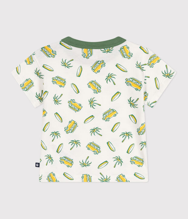 Babies' short-sleeved boat print cotton T-shirt white/yellow