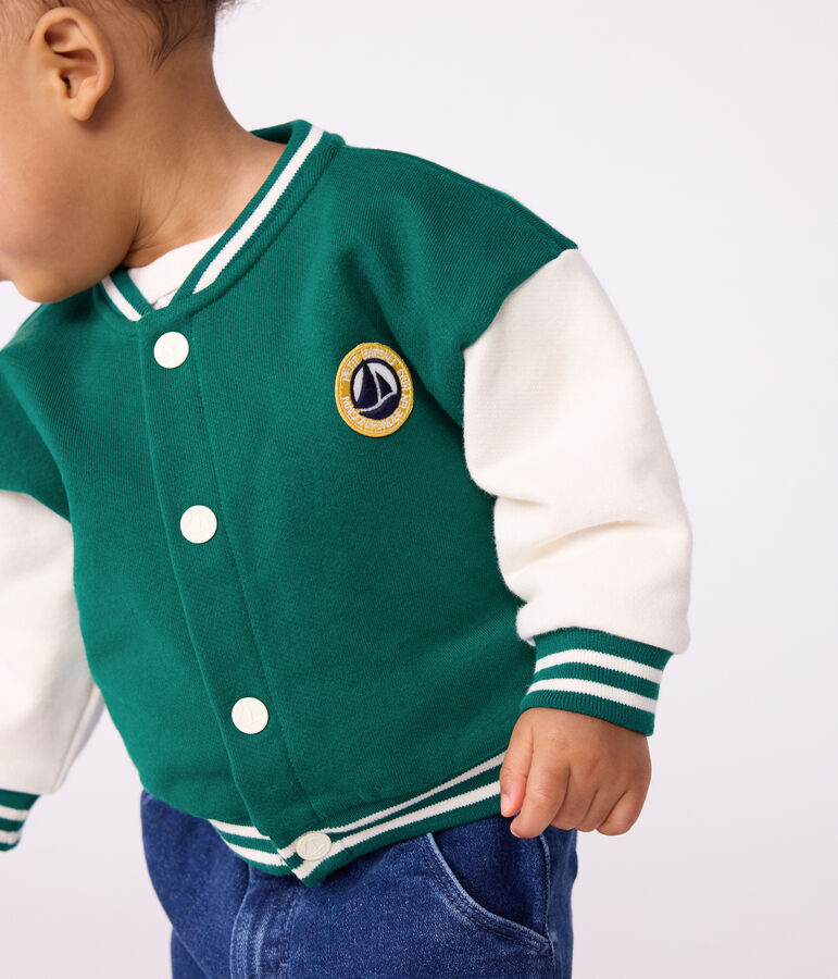 Babies' varsity-style cotton jacket in two colours green/ecru