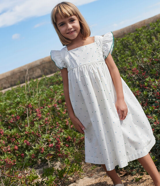 Children's long sleeveless spotted cotton dress MARSHMALLOW white/MULTICO white