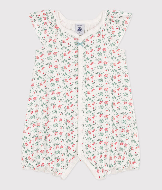 Babies' short floral cotton jumpsuit white/multicolor