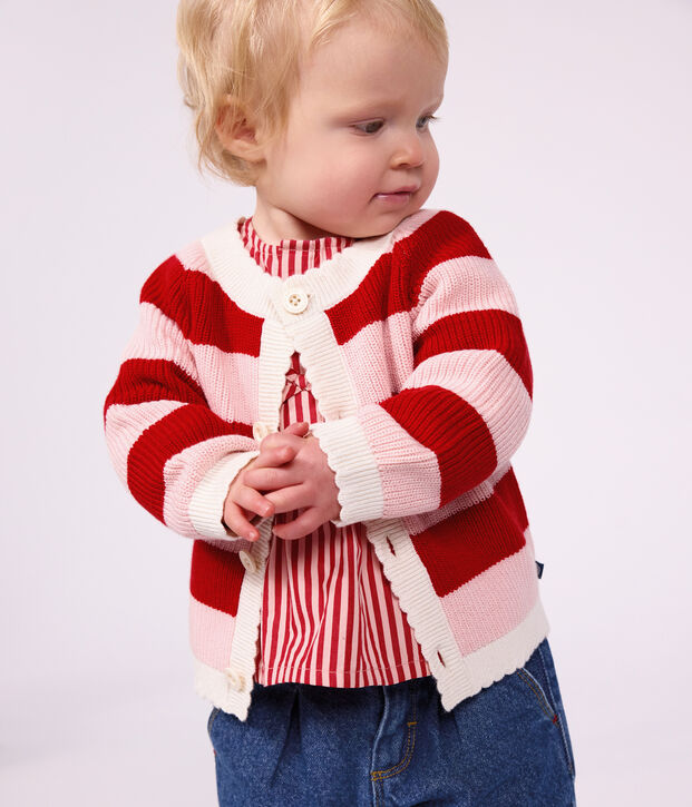 Babies' cardigan in stripy cotton pink/pink