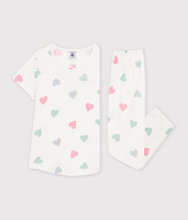 Children's printed cotton pyjamas with short sleeves and long legs white/multicolor