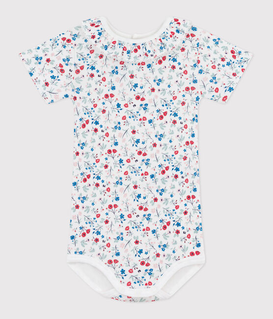 Babies' short-sleeved floral print cotton body MARSHMALLOW white/MULTICO white