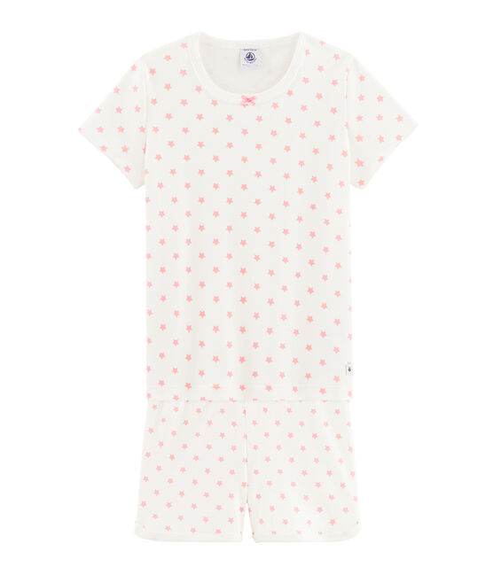 Girls' starry pink short pyjamas in cotton. MARSHMALLOW white/GRETEL pink