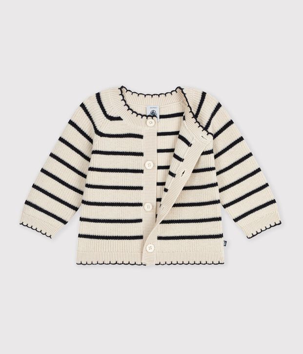 Babies' cardigan in stripy cotton Ecru/blue