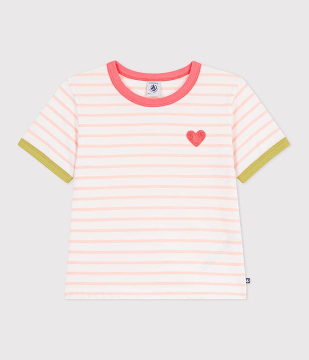 Children's short-sleeved stripy cotton T-shirt pink/orange