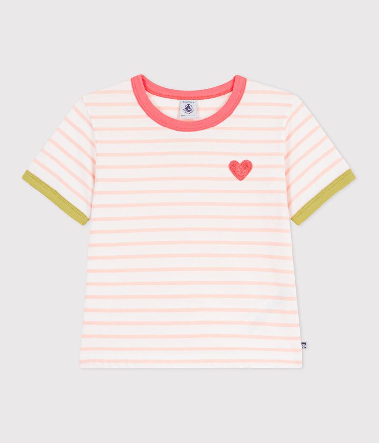 Children's short-sleeved stripy cotton T-shirt white/orange