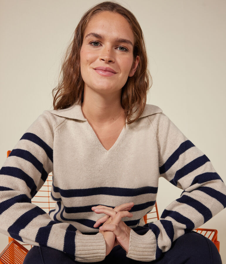 Women's wool and cotton jumper Ecru/blue