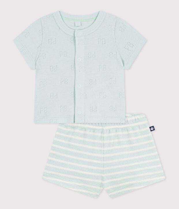 Babies' short cotton two-piece outfit with a stripy bottom half blue/ecru