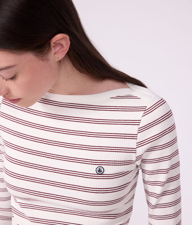 Women's admiral collar stripy cotton T-shirt with long sleeves white/red