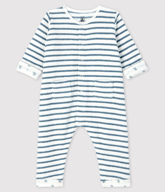 Babies' Long Striped Brushed Terry Jumpsuit MARSHMALLOW white/ASTRO blue