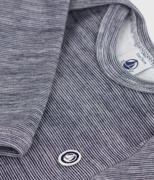 Babies' long-sleeved body in wool and cotton blue/white