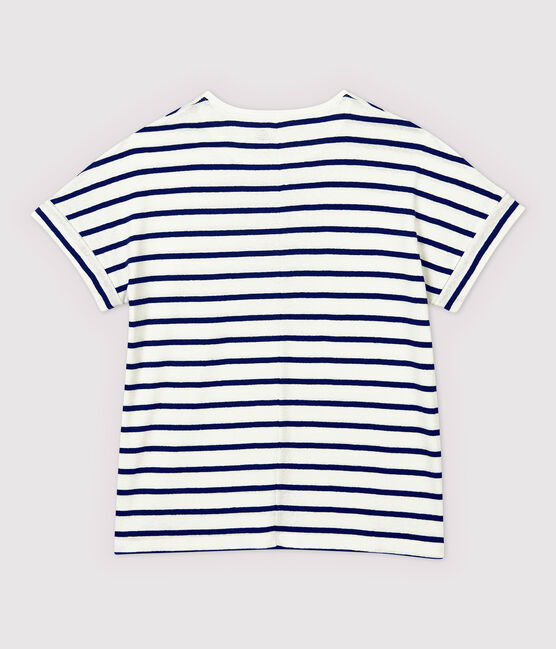 Women's Stripy Linen and Cotton Blend T-Shirt MARSHMALLOW white/MEDIEVAL blue