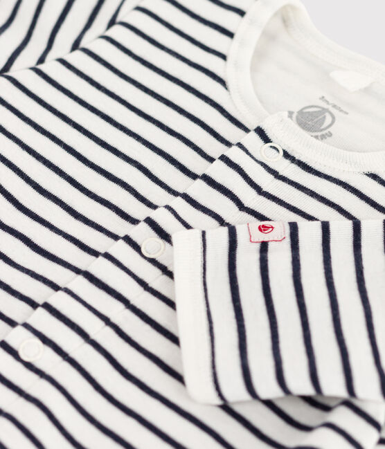 Babies' Stripy Cotton Bodyjama MARSHMALLOW white/SMOKING blue