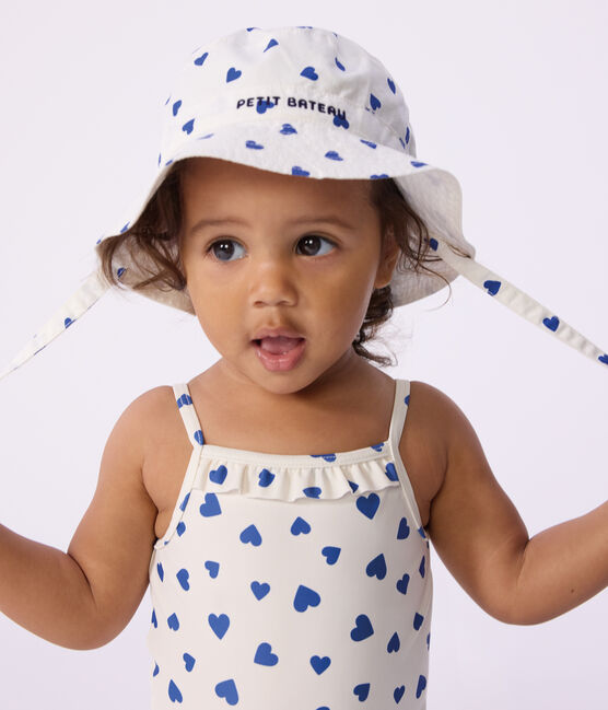 Babies' cute twill sun hat with ties MARSHMALLOW white/CREPUSCULE