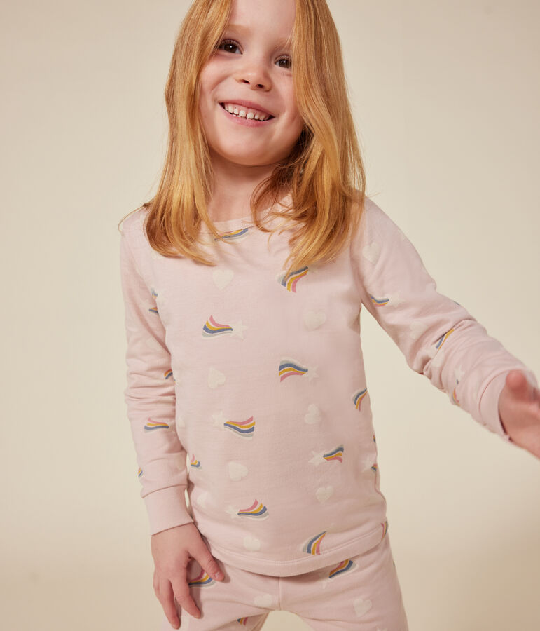 Children's brushed fleece pyjamas printed with stars and hearts pink/multicolor