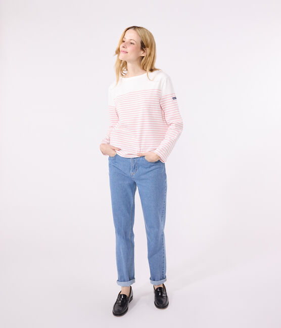 Women's long-sleeved cotton Breton t-shirt MARSHMALLOW white/CHARME pink