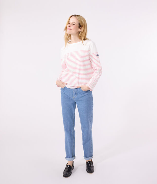 Women's long-sleeved cotton Breton t-shirt white/pink