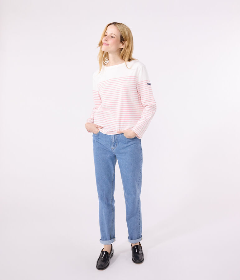 Women's long-sleeved cotton Breton t-shirt white/pink