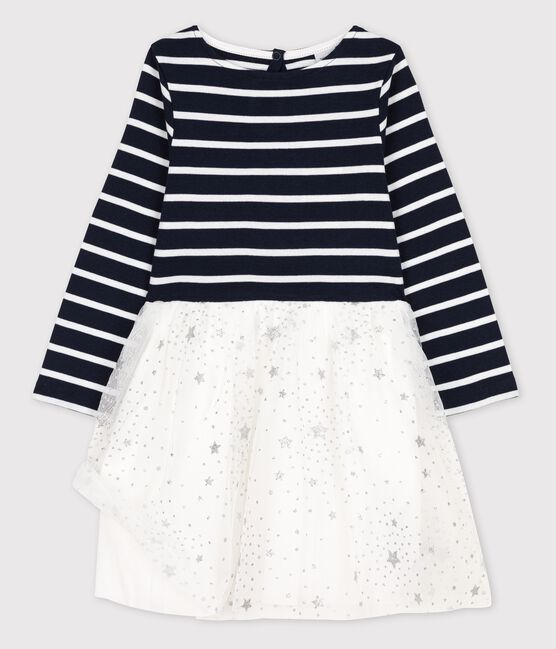 Girls' Long-Sleeved Cotton/Tulle Dress SMOKING blue/MARSHMALLOW white
