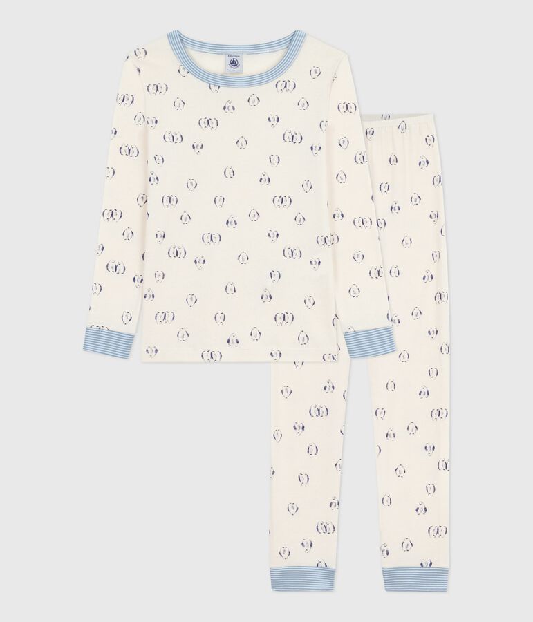 Children's printed cotton pyjamas, very fitted Ecru/blue