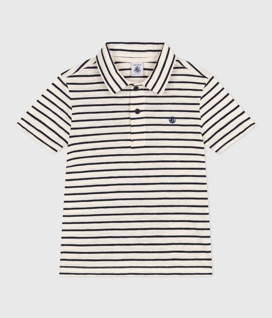 Children's short-sleeved stripy cotton polo shirt AVALANCHE white/SMOKING blue