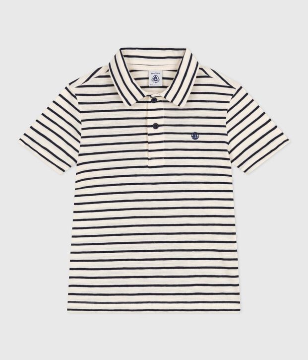 Children's short-sleeved stripy cotton polo shirt Ecru/blue