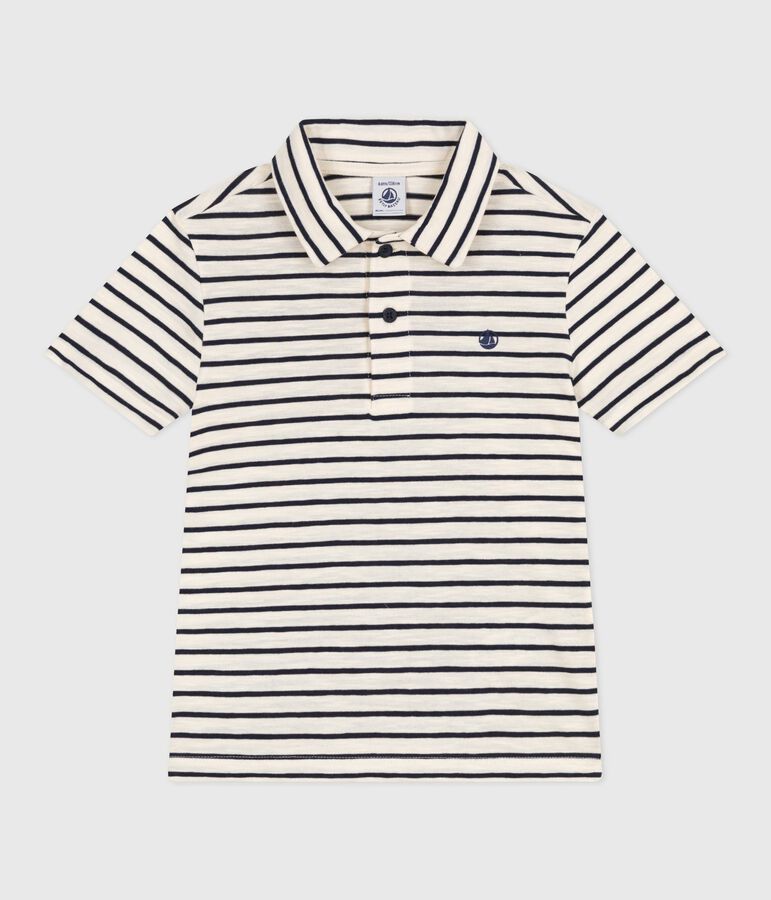 Children's short-sleeved stripy cotton polo shirt Ecru/blue