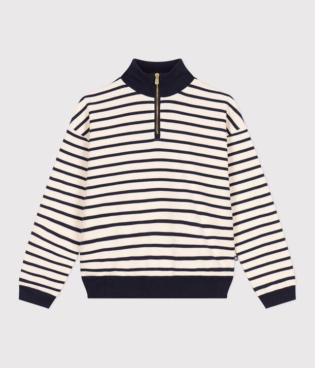 Women's shawl-collared sweatshirt in brushed fleece Ecru/blue