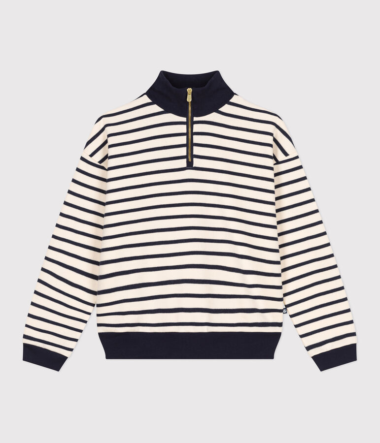 Women's shawl-collared sweatshirt in brushed fleece Ecru/blue