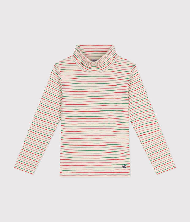 Girls' cotton polo neck Ecru/multicolor