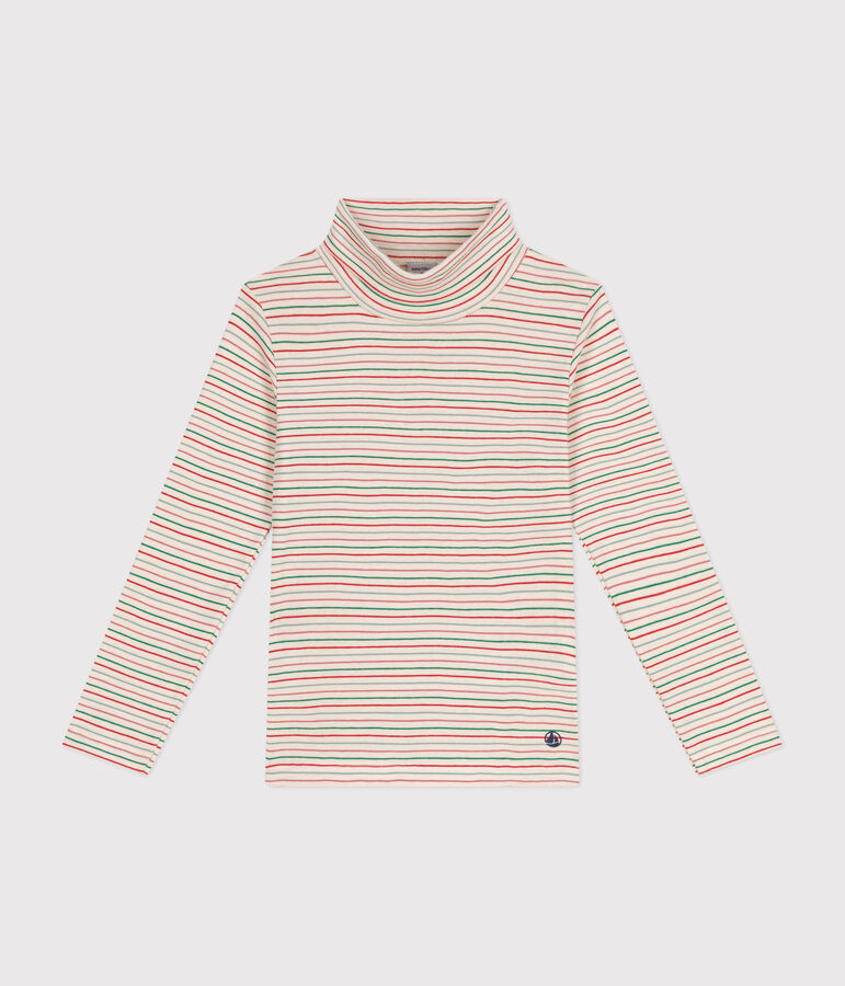 Girls' cotton polo neck Ecru/multicolor